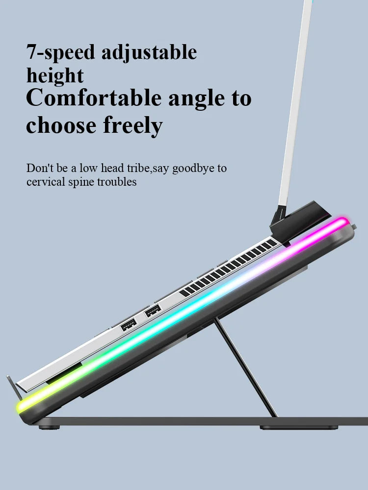 Adjustable Height Surrounding RGB Colorful Lighting Gaming Laptop Cooling Pad 5 Cooler Fans with Strong Wind