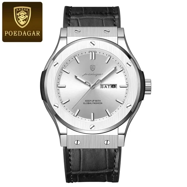 POEDAGAR Fashion Men's Watches Trend Classic Classic Quartz Watch for Man Waterproof Luminous Week Date Wristwatch Leather 952
