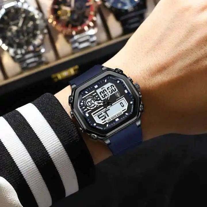 POEDAGAR 993 Luminous Week Date Square Wristwatch Sports LED Men Watch Waterproof Silicone Strap Electronic Quartz Men's Watches