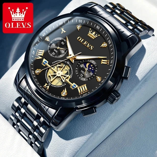 OLEVS 2856 Men's Watches Classic Multifunctional Flywheel Design Stainless Steel Waterproof Moon Phase Men's Wristwatches Trend