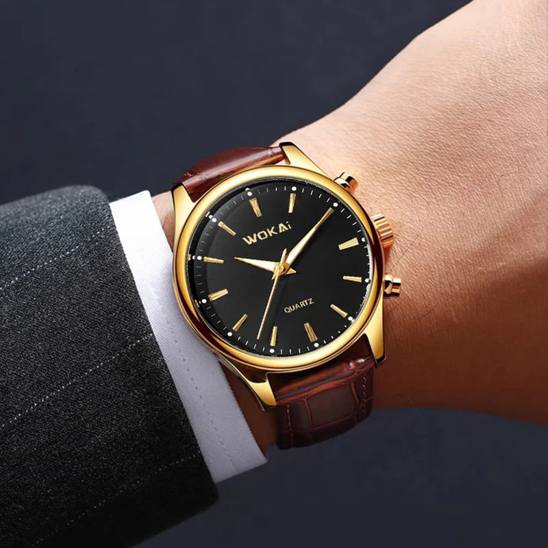 Wokai 8018 New Arrive Fashion Business Watch Men's Watches Casual Leather Band Quartz Luxury Wristwatches Men Clock Relogio