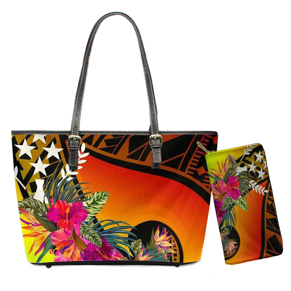 Hawaiian Flower Polynesian Design Print Women Handbags and Purses Set Customized Large Leather Tote Matching Long Zipper Wallet