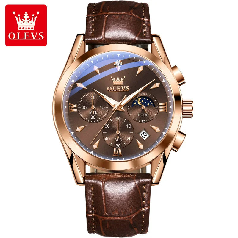OLEVS New TOP Luxury 3609 Band Wristwatch Men Leather Strap Watch Men Auto Date Chronograph Moon Phase Waterproof Men's Watches