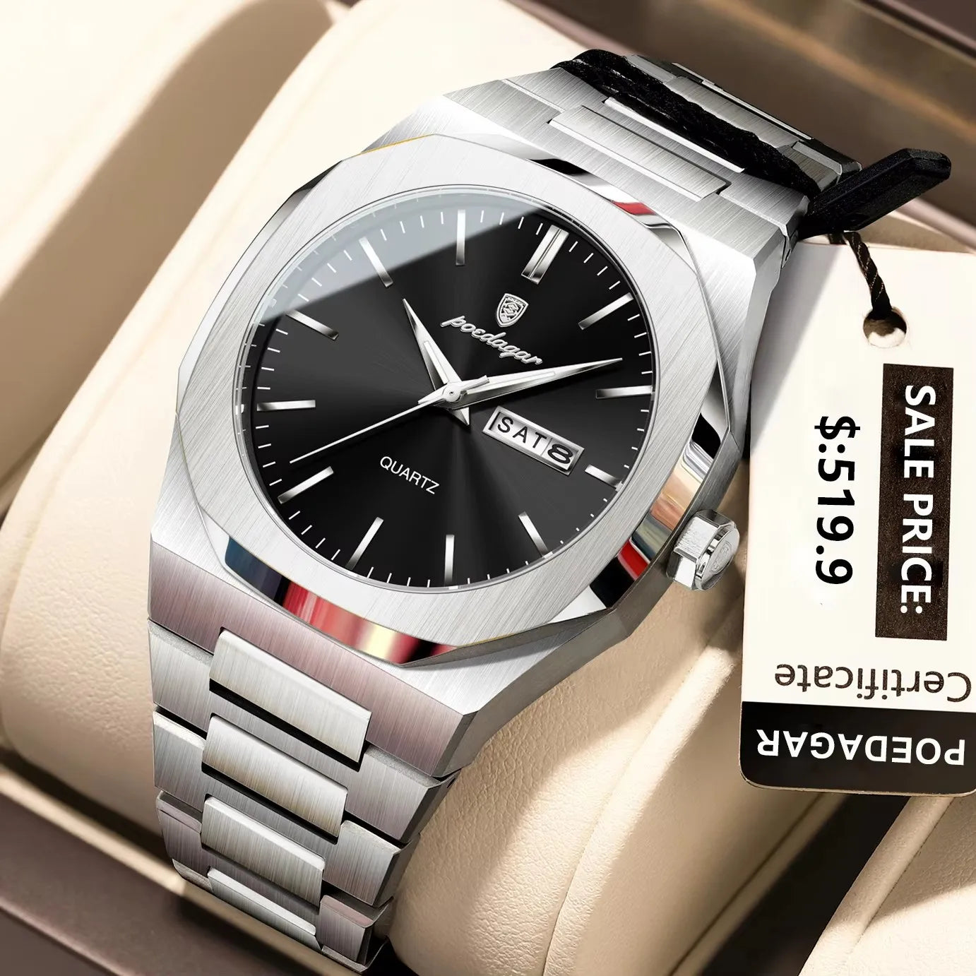 POEDAGAR 825 Men Waterproof Luminous Week Man Watch Quartz Men's Watches Luxury Casual Stainless Steel Fashion Sports Wristwatch