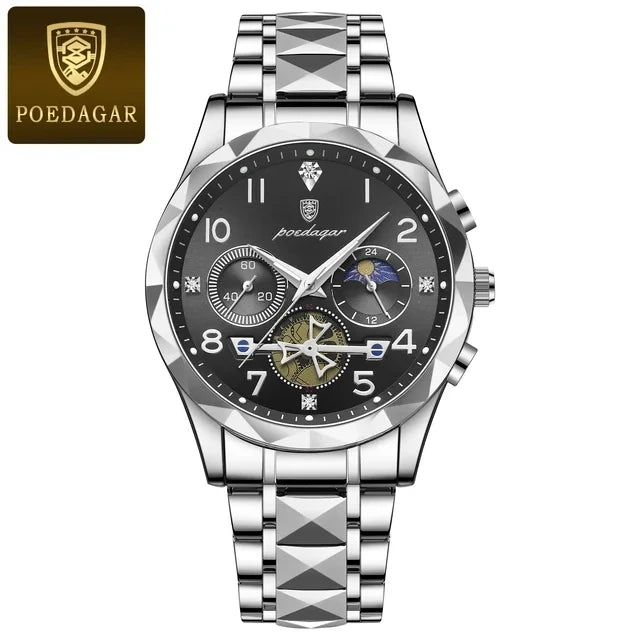 POEDAGAR Watch for Men 972 Luxury Steel Band Man Quartz Wrist Watch Waterproof Luminous Chronograph Men's Watches Reloj Clock