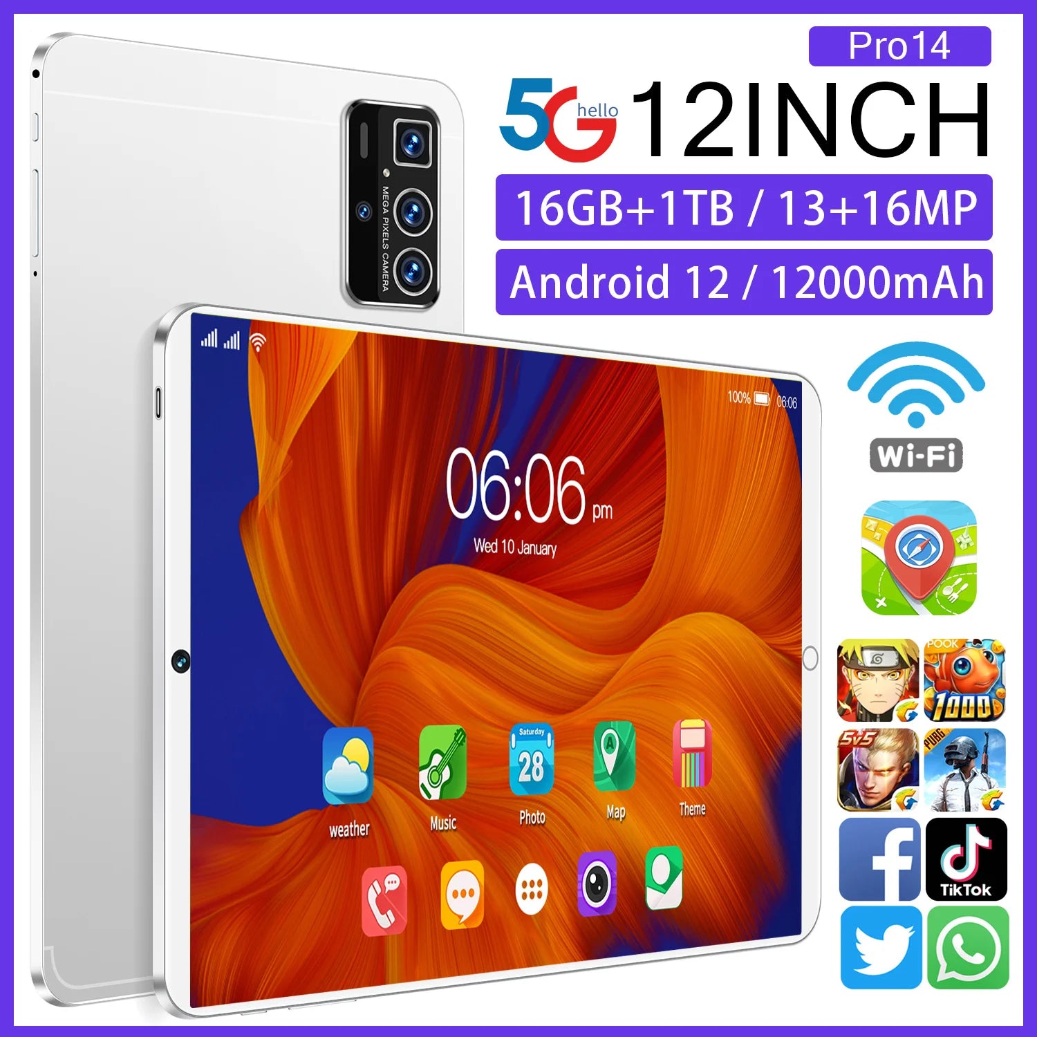 12 Inch Dual SIM Android Tablet  16GB+1TB 14 Pro Pro Branded Educational Phone Call Feature