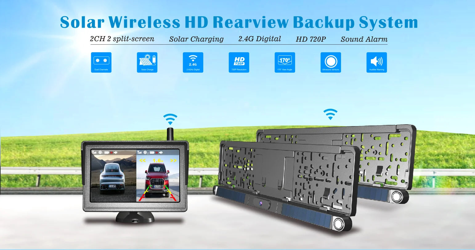 Vehicle DIY 5 Inch Monitor EU Car License Plate Camera Solar Wireless 170 Degree WiFi 720P HD Car Front Rear View Reverse Camera