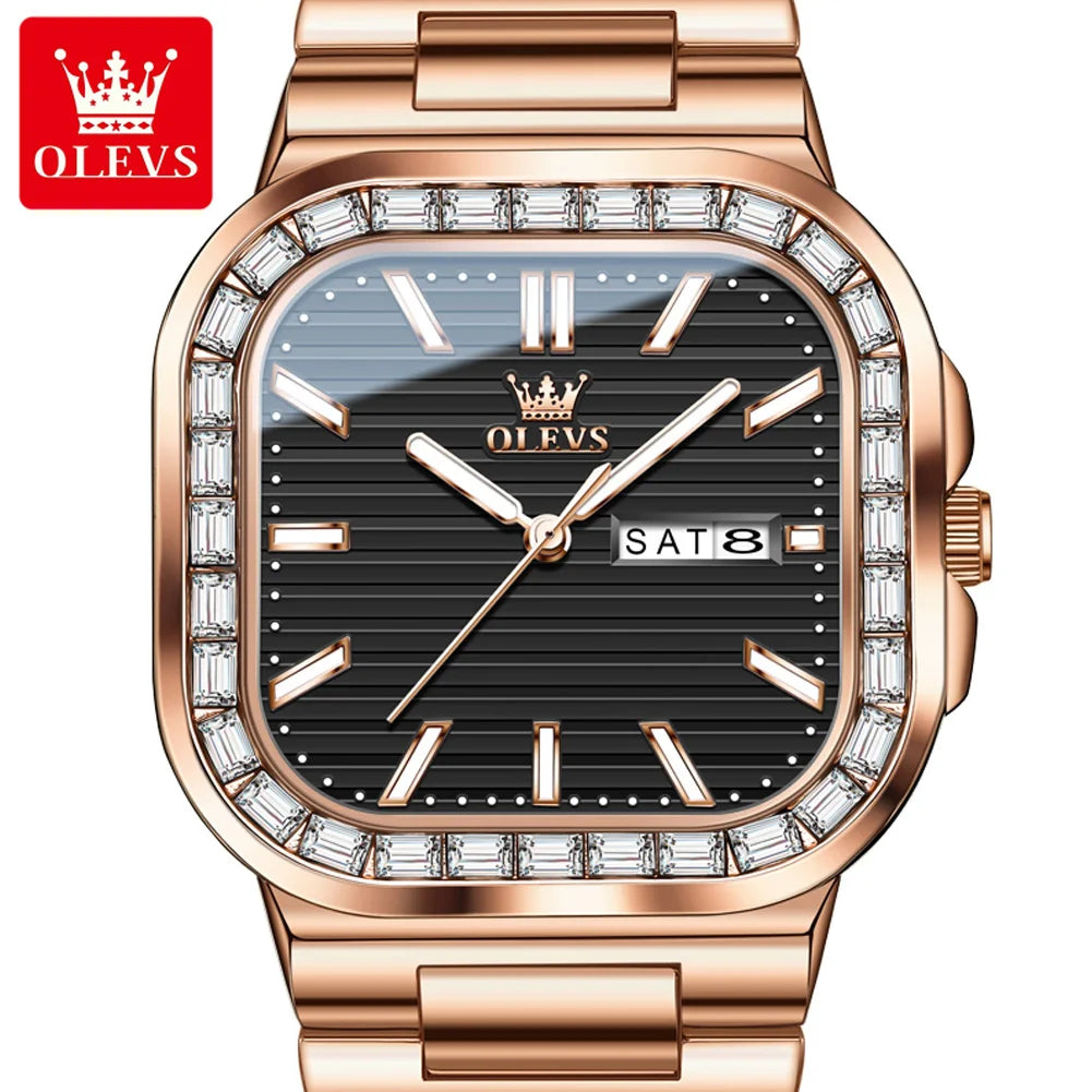 Hot OLEVS Men's Watches Rose Gold Quartz Watch for Man Waterproof Dial Square Wristwatch 9966 Original Movement Male Week Date
