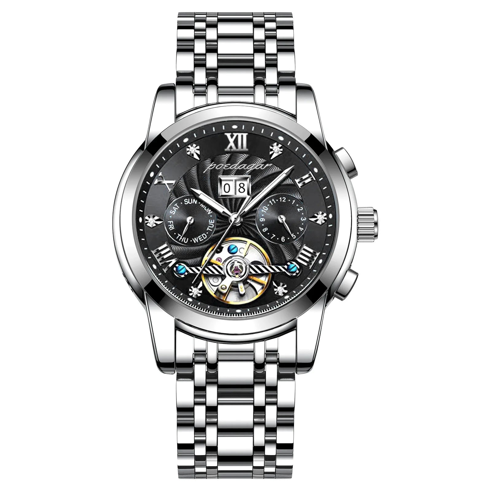 POEDAGAR 1408 Luxury Hollow Tourbillon Automatic Mechanical Men Wrist Watch Waterproof Date Stainless Steel Belt Men's Watches