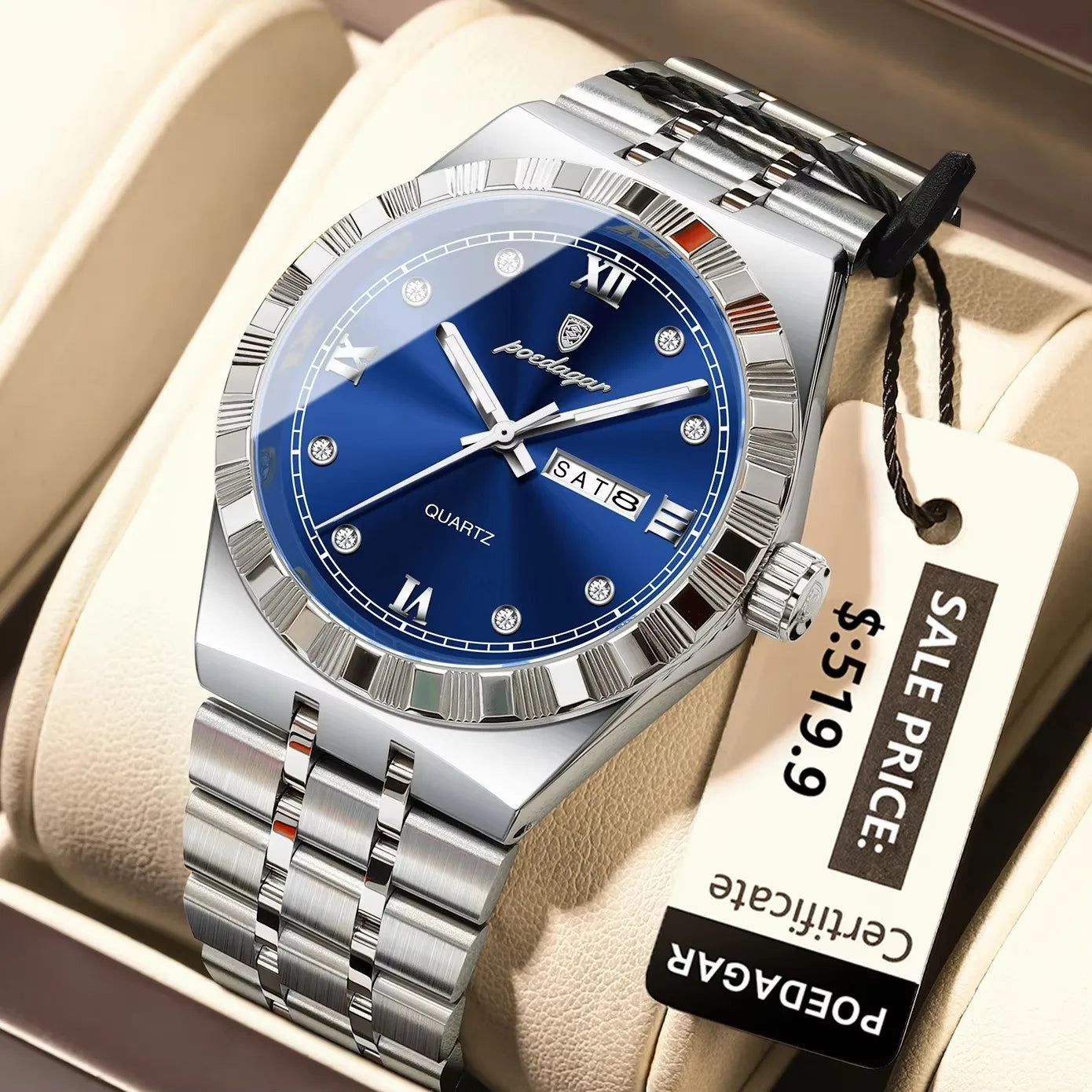 POEDAGAR 872 Week Date Watch Men Life Waterproof Original Diamond Wristwatch Quartz Reloj Luminous Stainless Steel Men's Watches
