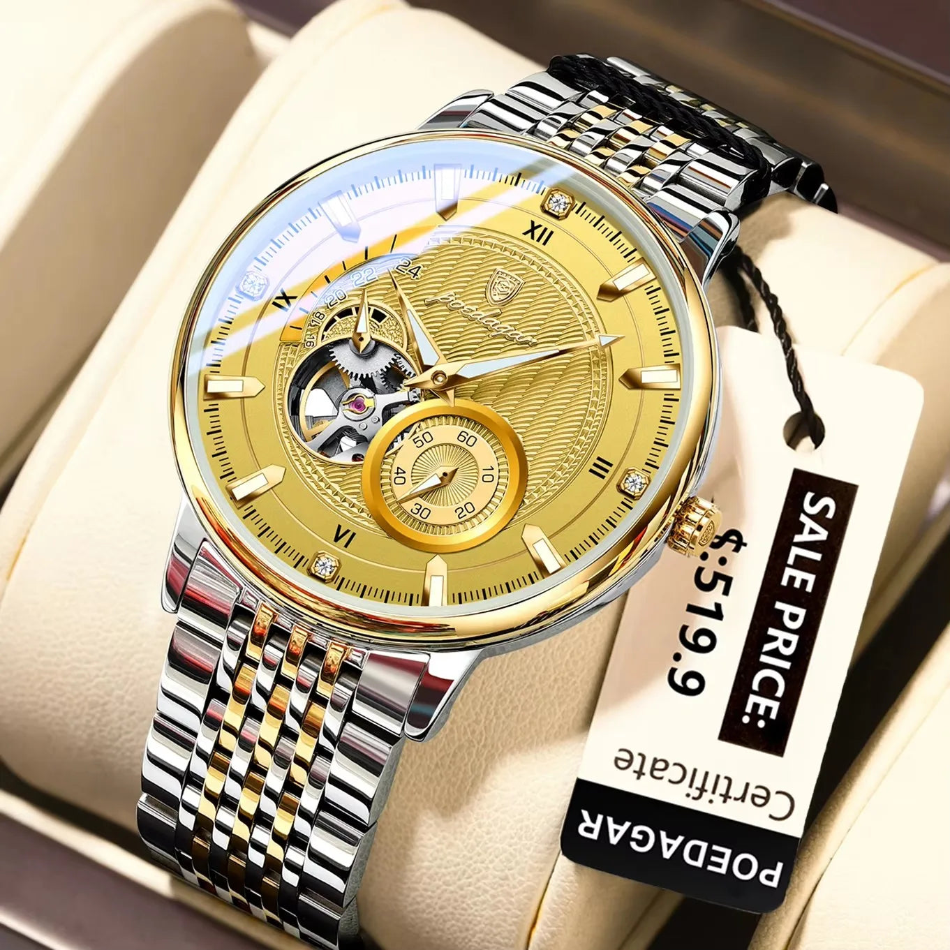 POEDAGAR 1416 Top Luxury Men Luminous Hollow Tourbillon Automatic Man Wristwatch Mechanical Stainless Steel Men's Watches Reloj