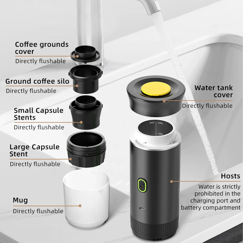 Hot Cold Automatic Coffee Maker with Brew System Portable for Car Use Spanish Language Support Ground Coffee Capsule Compatible