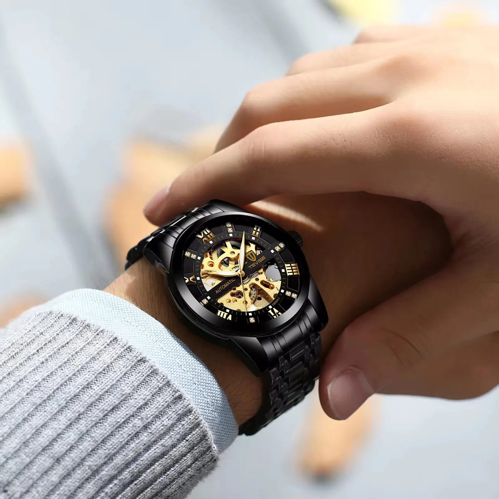 TEVISE T9005A 9005A Luminous Hands Automatic Wristwatches Waterproof Mechanical Hollow Out Stainless Steel Men's Watches for Men