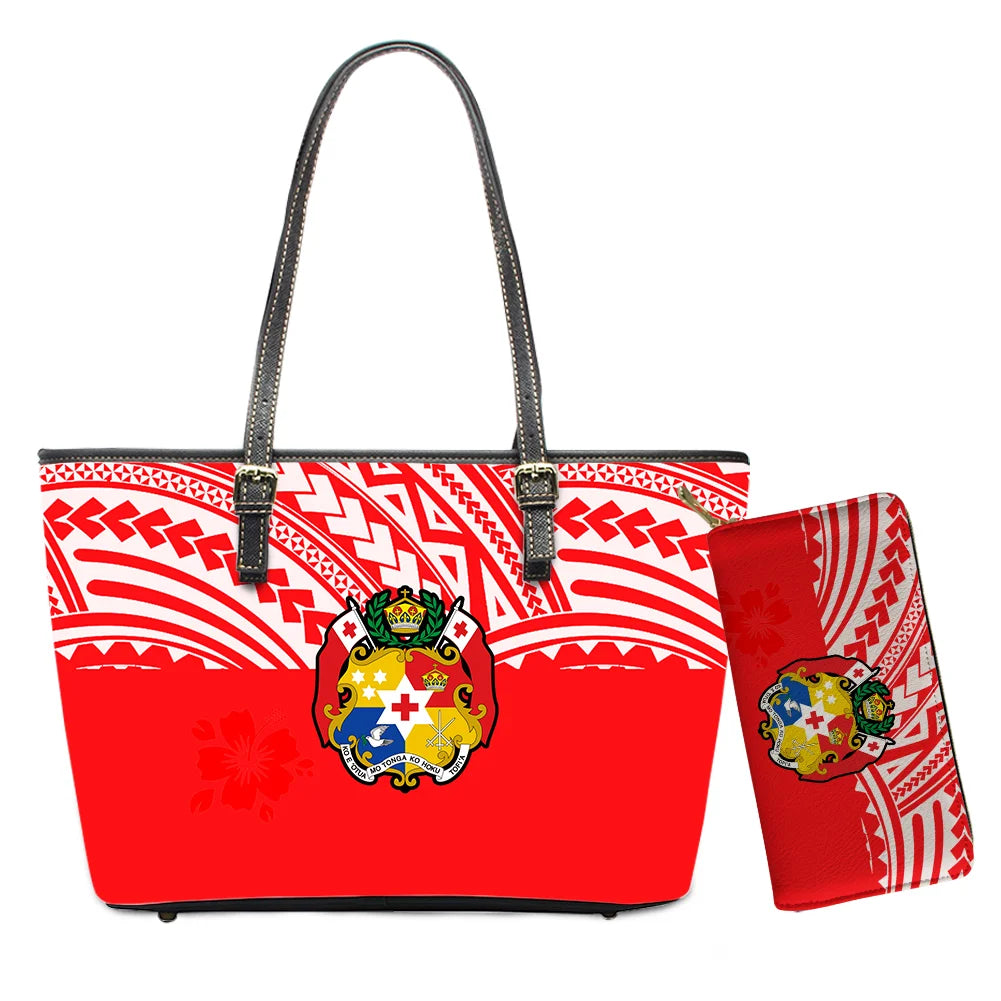 Hawaiian Flower Polynesian Design Print Women Handbags and Purses Set Customized Large Leather Tote Matching Long Zipper Wallet