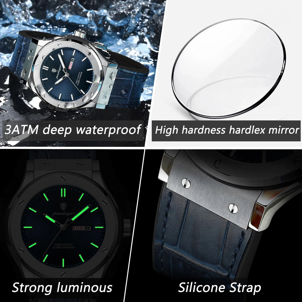 POEDAGAR Fashion Men's Watches Trend Classic Classic Quartz Watch for Man Waterproof Luminous Week Date Wristwatch Leather 952