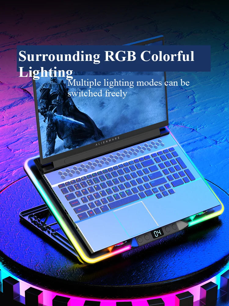 Adjustable Height Surrounding RGB Colorful Lighting Gaming Laptop Cooling Pad 5 Cooler Fans with Strong Wind