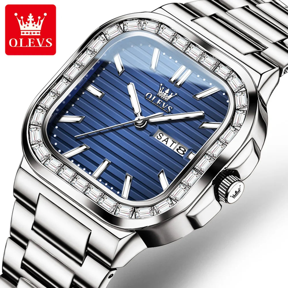OLEVS 9966 Men's Watches Square Shape Stainless Steel Strap Diamond Calendar Dial Elegant Luxury Wristwatch for Men