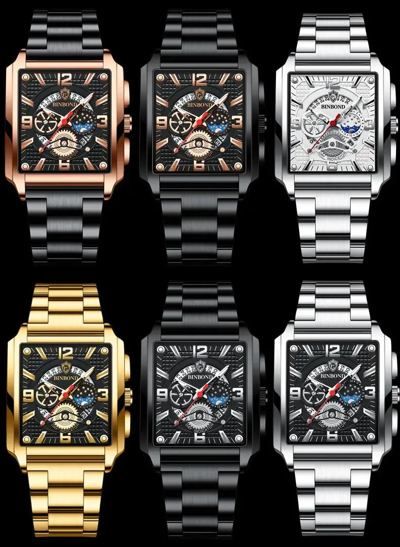 Binbond B6575 6575 Casual Square Waterproof Watch Stainless Steel Quartz Wrist Genuine Leather Belt Luminous Hands Men's Watches