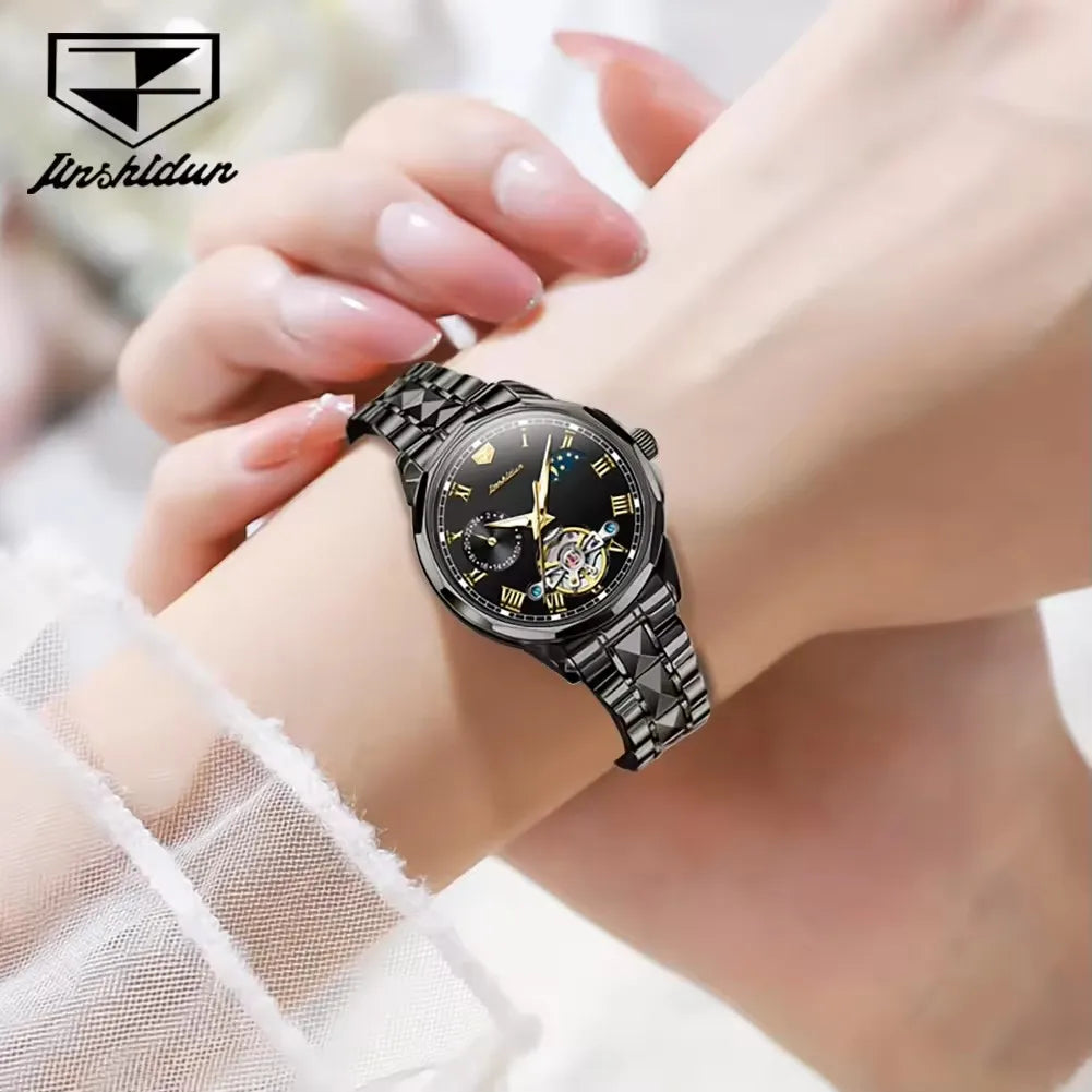 Jsdun 8937 Tungsten and Stainless Steel Wristwatch Moon Phase Automatic Movement Fashion Mechanical Watch Ladies Women's Watches