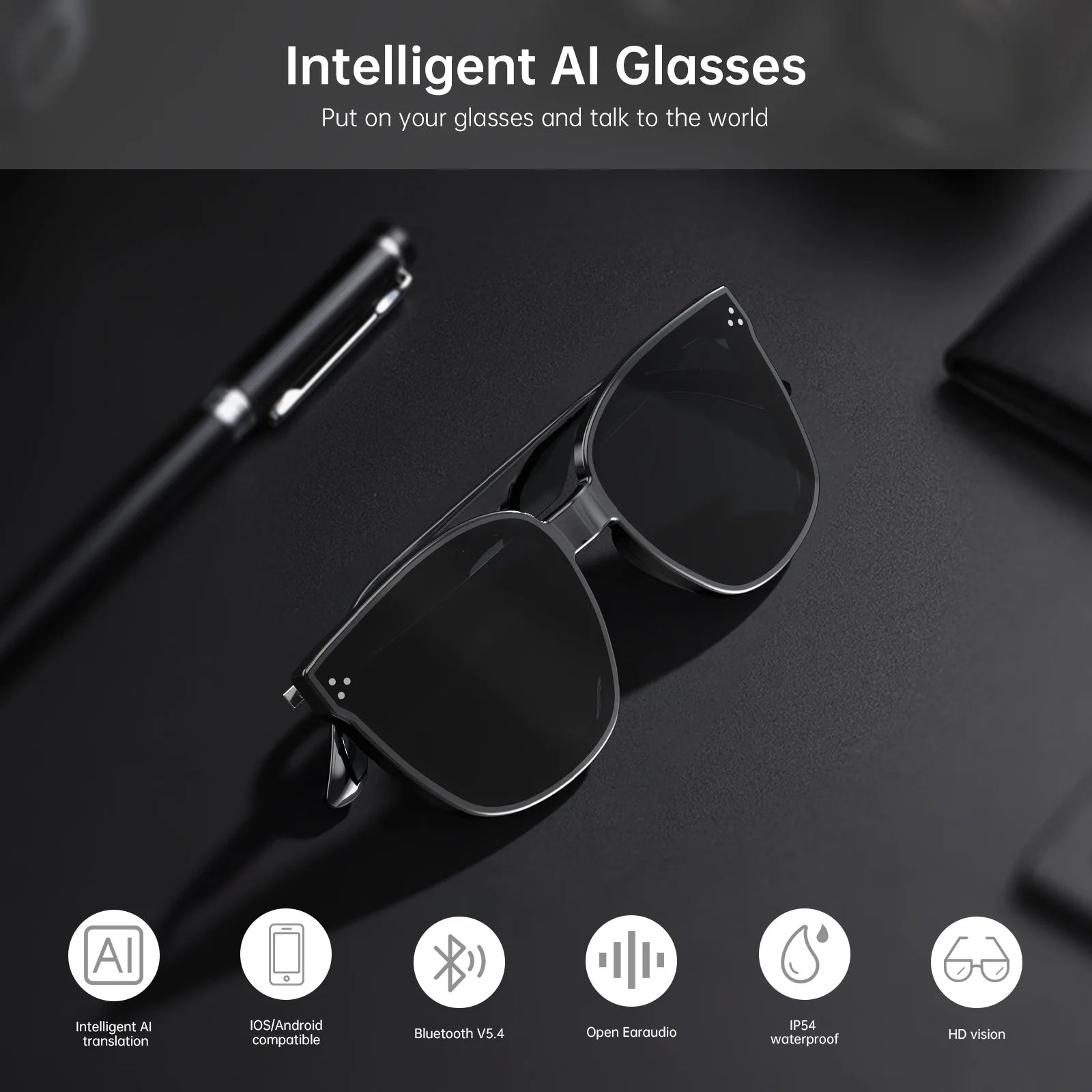 HY1008 Smart Bone Conduction Glasses with AI Assistant Touch Control Wired Charging for Calls Music AI Functions-Comfortable Fit