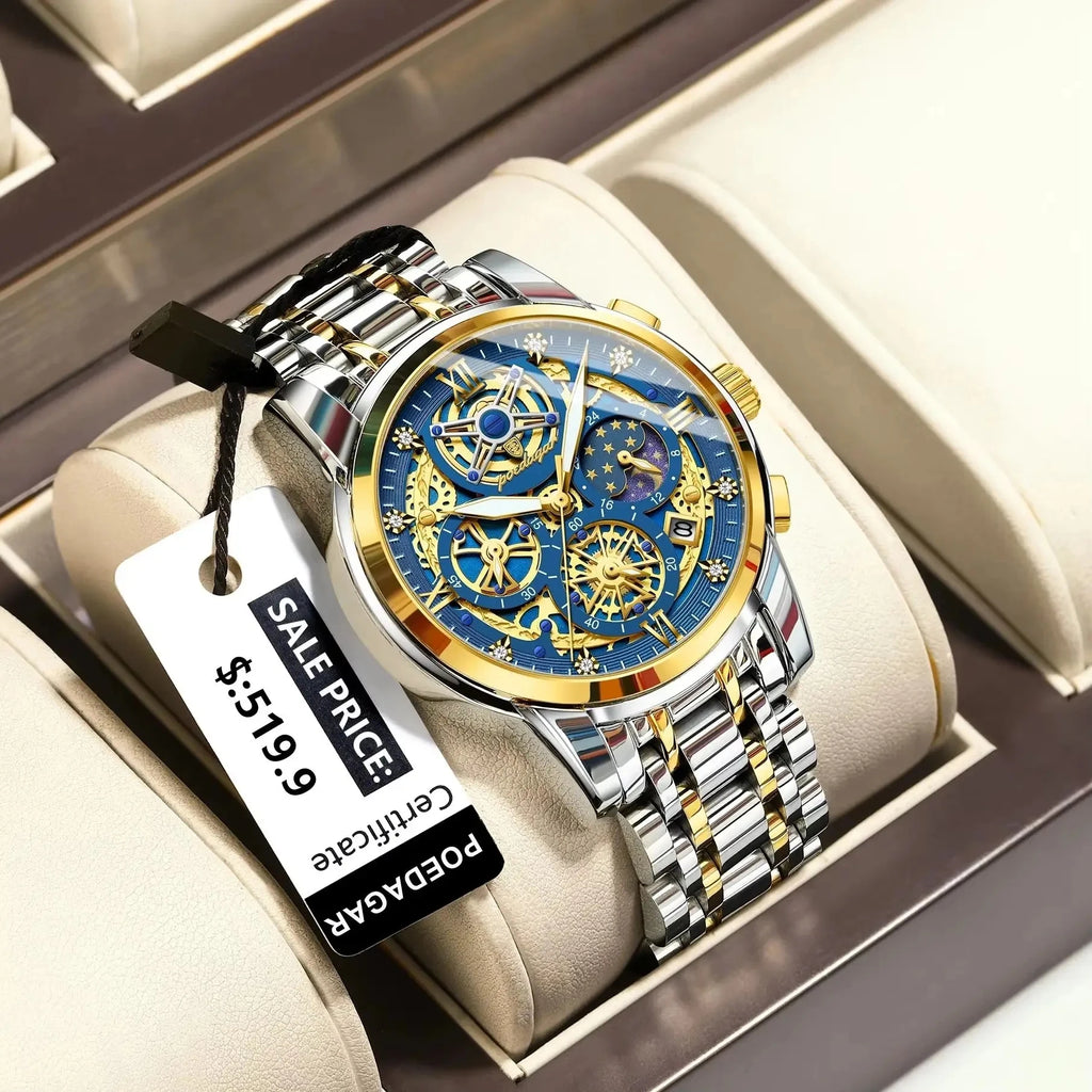 POEDAGAR 984 Luxury Fashion Watch Men Waterproof Luminous Auto Date Chronograph Japan Quartz Stainless Steel Strap Men's Watches