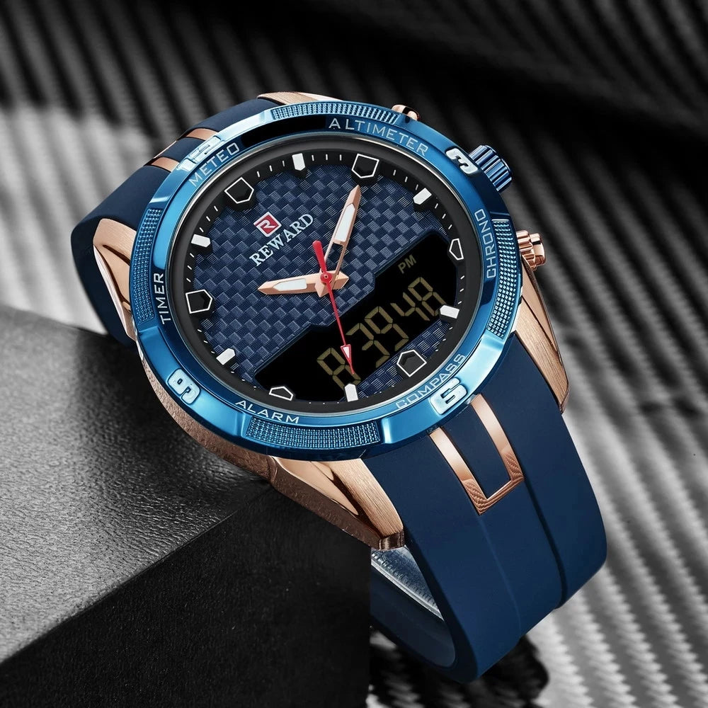 REWARD Men's Watches Silicone Double Movement Digital Electronic Watch Men Sports Waterproof LED Quartz Watch Relogio Masculino