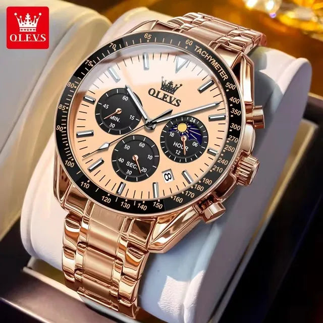 OLEVS Watch for Men 3618 Quartz Stainless Steel Waterproof Moon Phase Chronograph Man Wrist Watch Calendar Men's Watches Montre