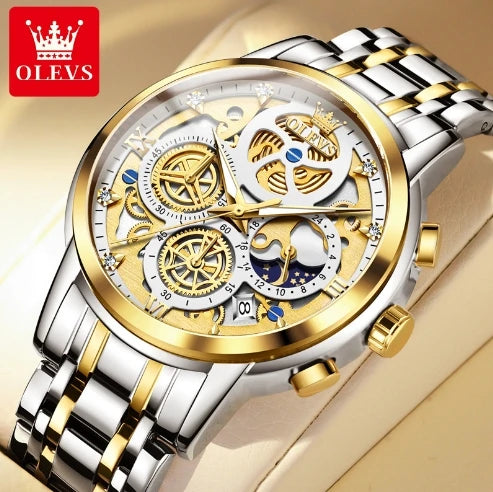 OLEVS 9947 Men's Watches Top Brand Chic Original Waterproof Quartz Watch for Man Gold Skeleton Style 24 Hour Day Night Clock