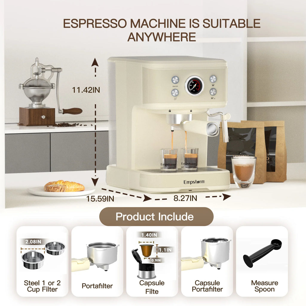 For 04E High Quality Aluminum Semi-Automatic Coffee Machine with 20 Bars Pressure 1100W for Espresso Cappuccino & Latte