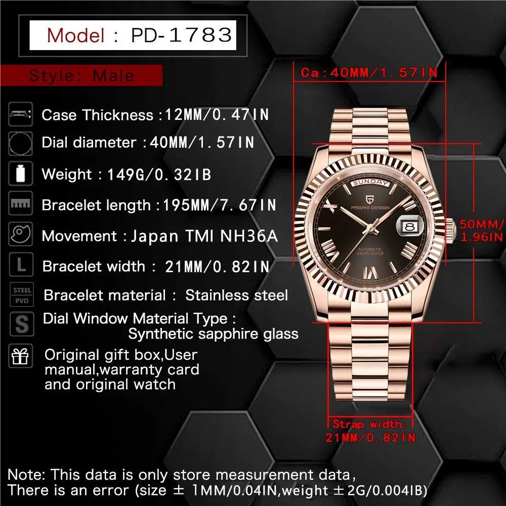 PAGANI DESIGN Men's Watches DD40 RoseGoldBrown Luxury Automatic Watch Men TMI NH36 Date Week Mechanical Watches for Men 2026 New