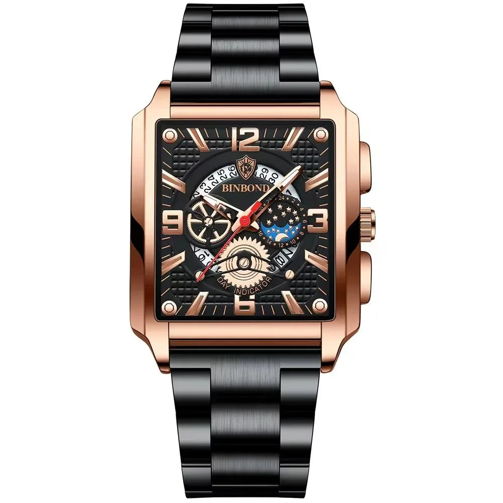 Binbond B6575 6575 Casual Square Waterproof Watch Stainless Steel Quartz Wrist Genuine Leather Belt Luminous Hands Men's Watches