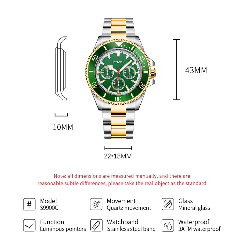 SINOBI Luxury Men Watch Business Quartz Watches Sports Waterproof Luminous Hands Stainless Steel Men's Watches