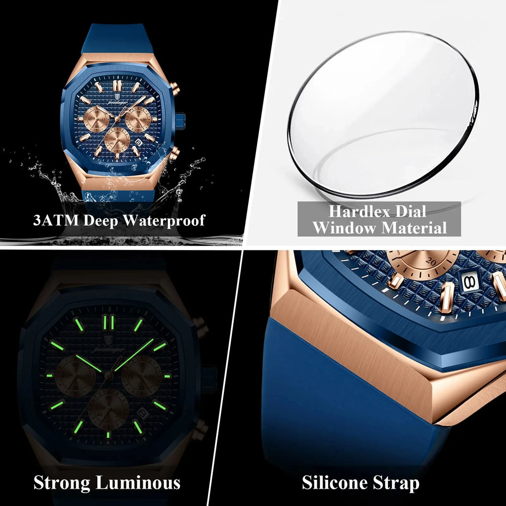 POEDAGAR 893 Luxury Watch Male Soft Silicone Strap Sports Man Wrist Waterproof Luminous Chronograph Date Quartz Men's Watches