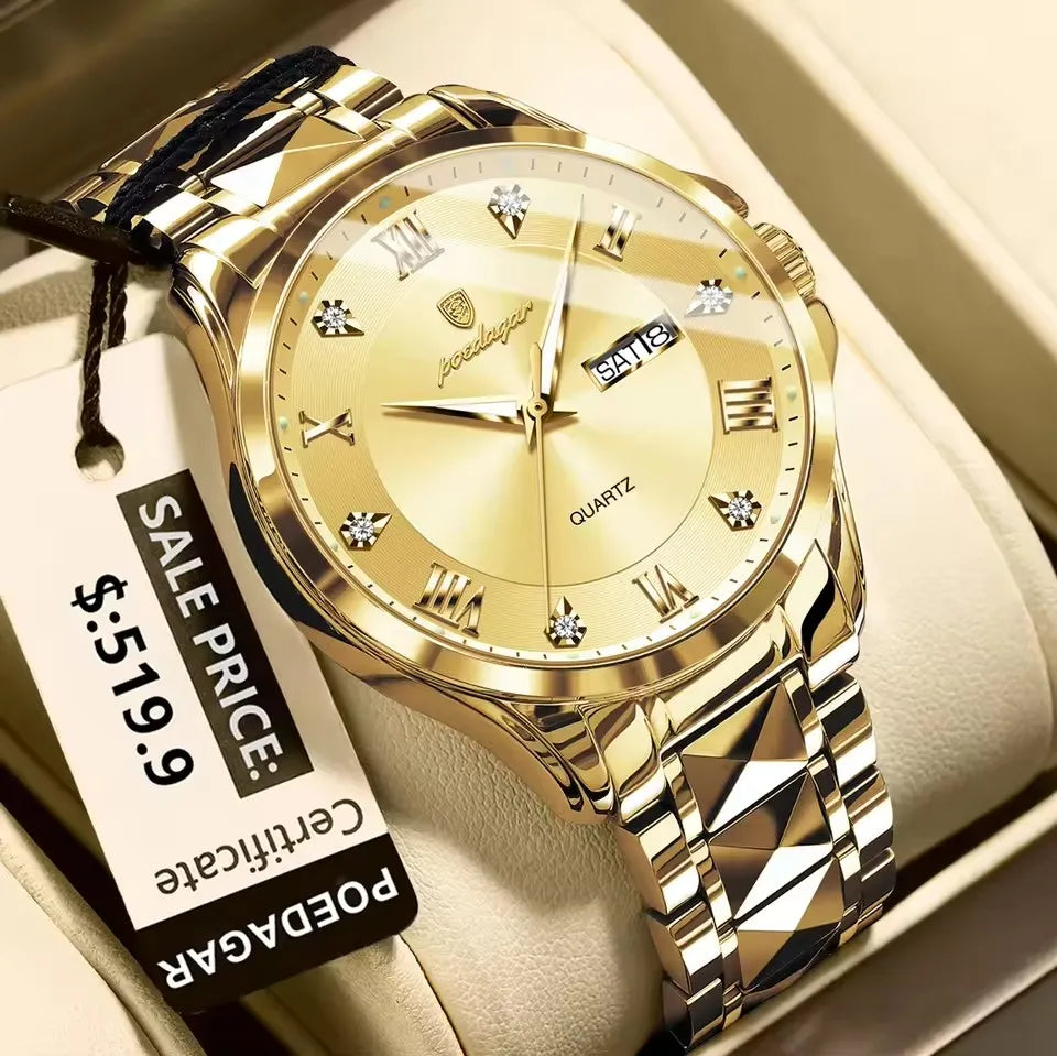 POEDAGAR 883 Date Week Man Wristwatch Stainless Steel Belt Fashion Men Clock Waterproof Luminous Quartz Men's Watches Male Reloj