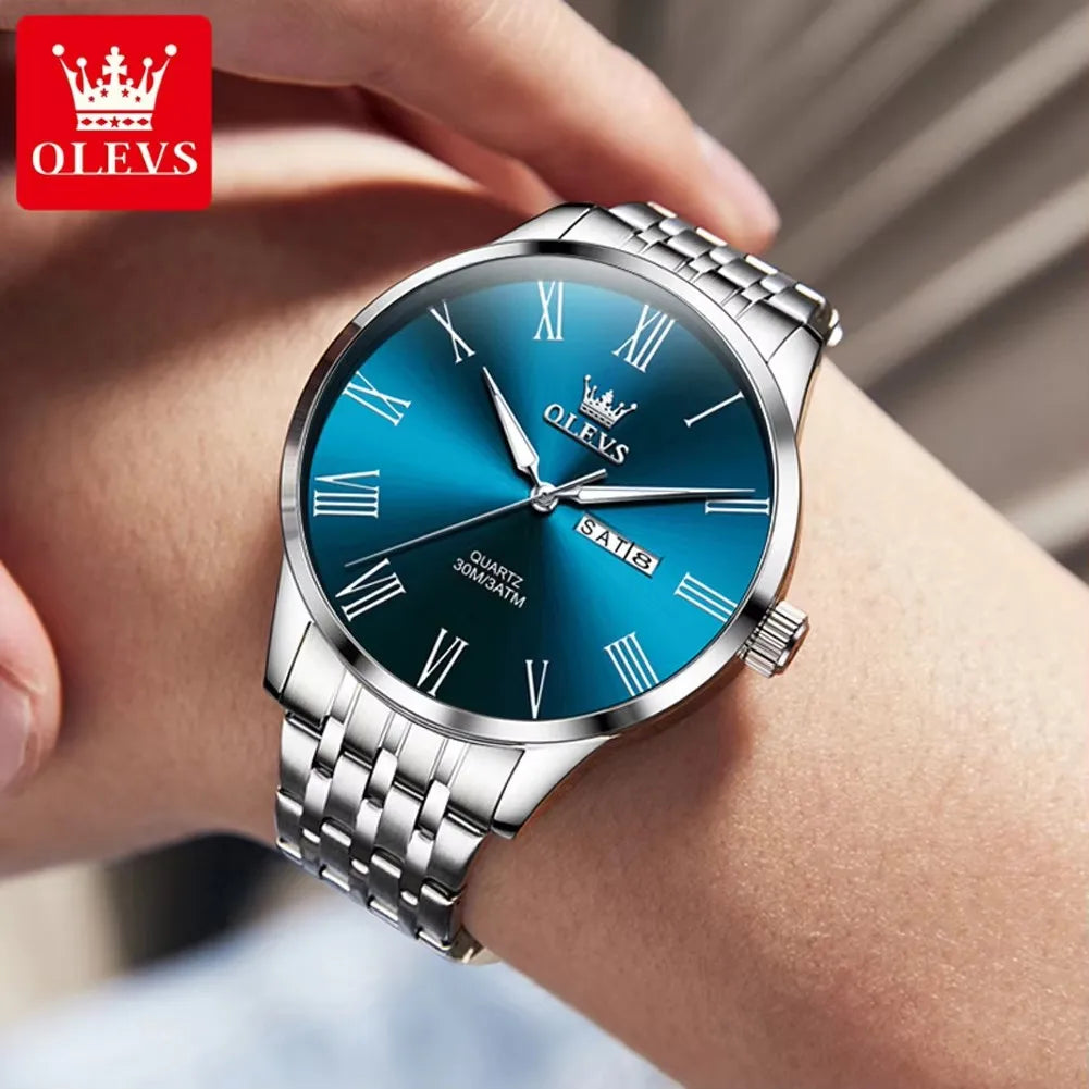 OLEVS 3633 Men's Watches Stainless Steel Business Quartz Watch for Man Waterproof Luminous Dual Calendar Display Wristwatch