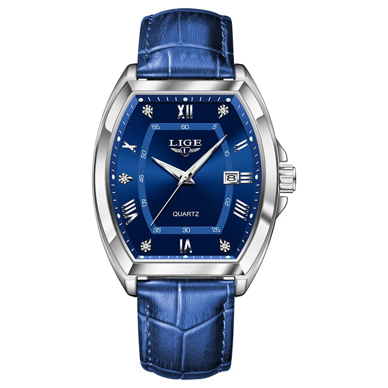 LIGE Men's Watches Luxury Original Top Brand Quartz Watch for Men Leather Waterproof Luminous Diamond Dial Date Male Wristwatch