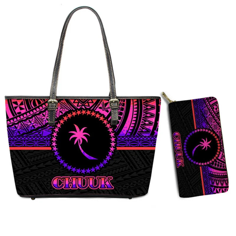 Hawaiian Flower Polynesian Design Print Women Handbags and Purses Set Customized Large Leather Tote Matching Long Zipper Wallet
