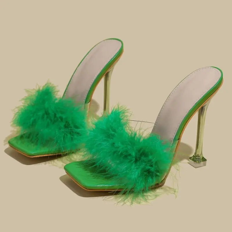 Feather Fur New Fashion Summer Spring Cute  Mules Lady  Sandals Slippers Elegant 2025 Heels for Women