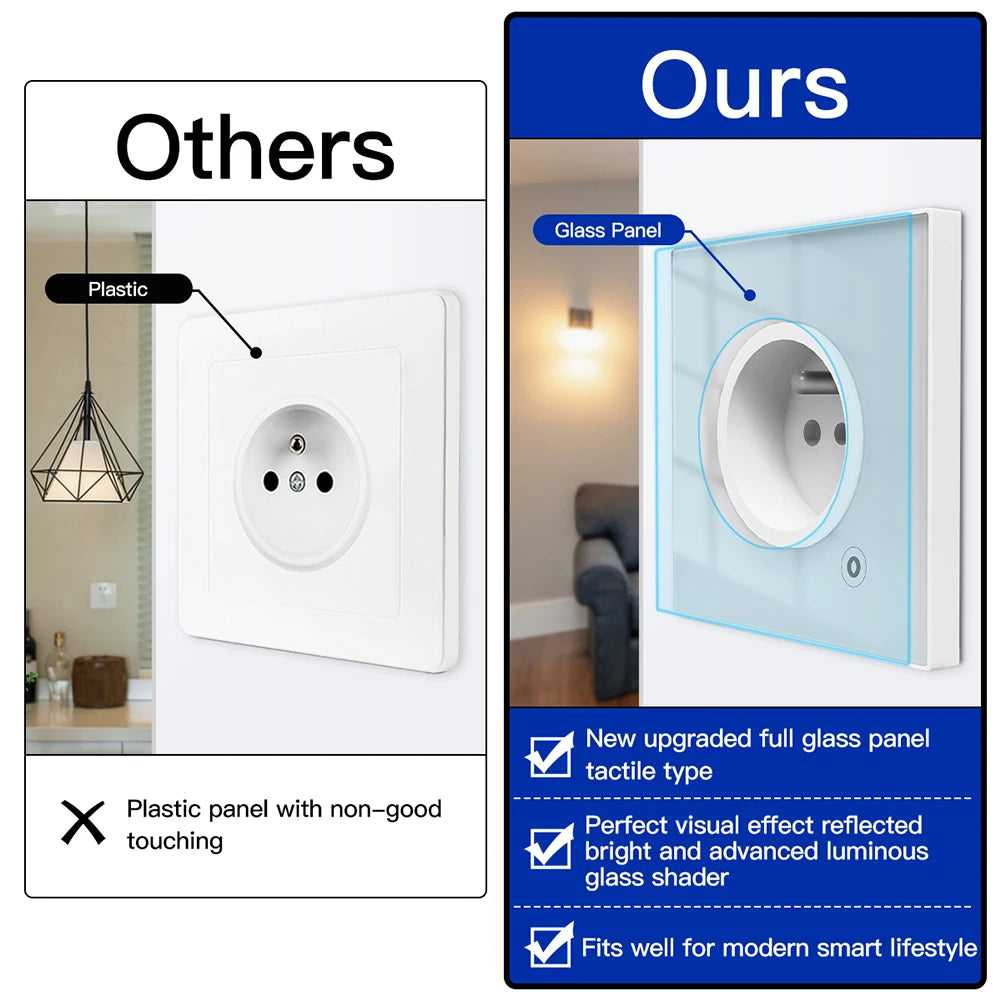 Tuya Smart Home WiFi Smart Wall Socket Glass Panel Outlet Power Monitor Extremely Soft Touch Plug Relay Status and Light Mode