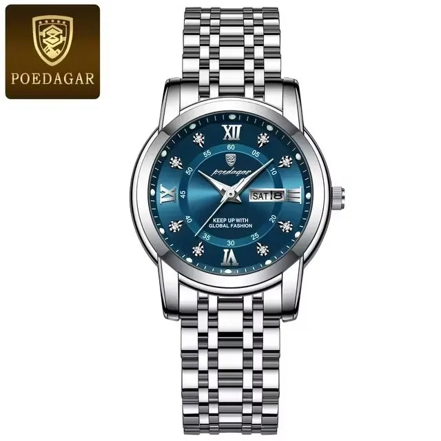 POEDAGAR Women Wristwatch 769 Luxury Diamond Quartz Ladies Watch Waterproof Stainless Steel Luminous Date Week Women's Watches