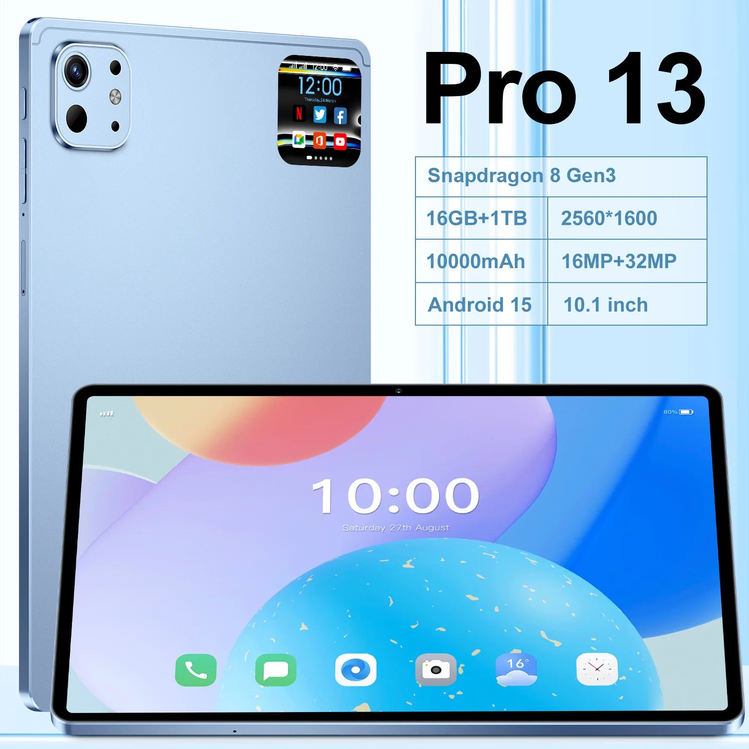 10.1 Inch Android 15 2-in-1 Tablet 16GB RAM 1TB ROM Octa-Core MTK 4G Dual SIM New 1920x1200 Business Study Education 2.0GHz Drop