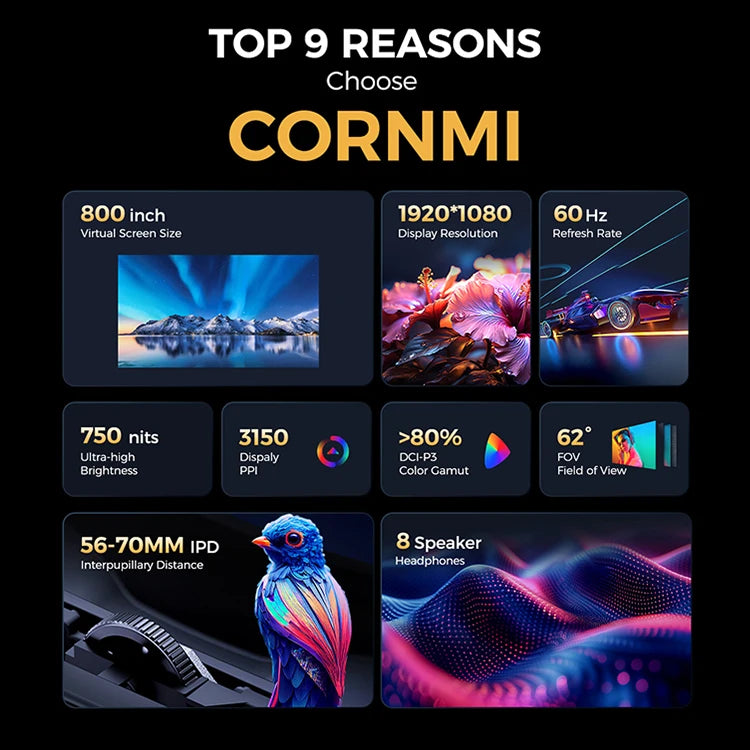 CORNMI Immersive 3D MR Hardware Smart Glasses Head Mounted Virtual Reality Display for Private Cinema & Gaming Stock Available