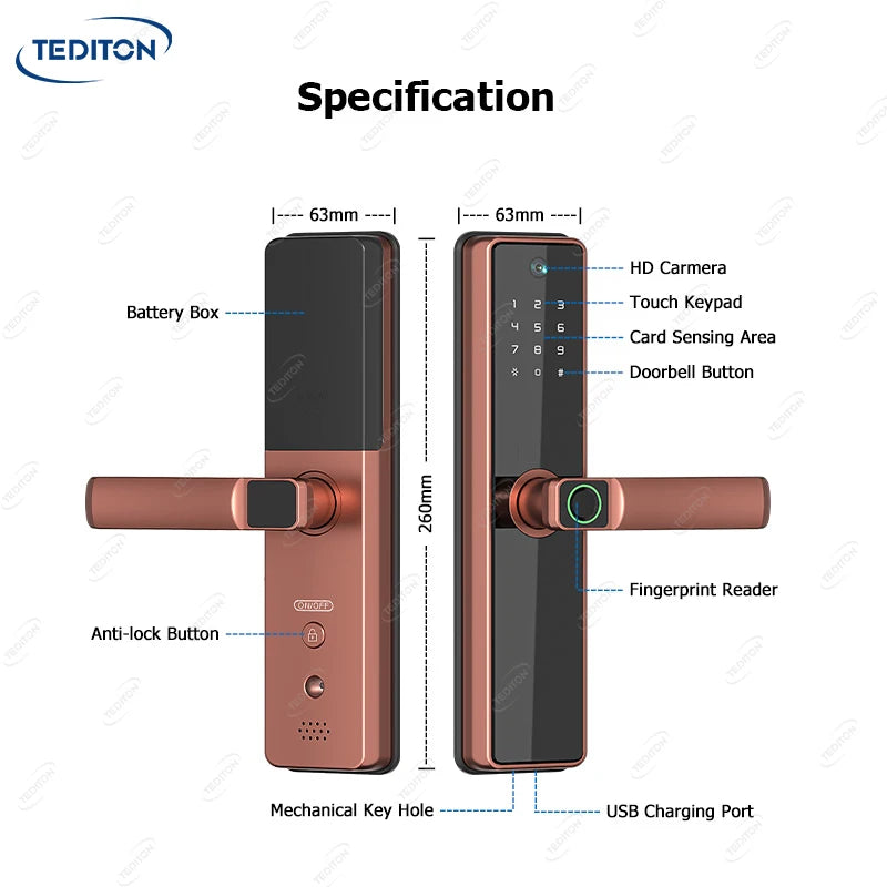 Tediton Waterproof Biometric Digital Fingerprint Smart Camera Door Lock With Tuya Wifi for Home Apartment