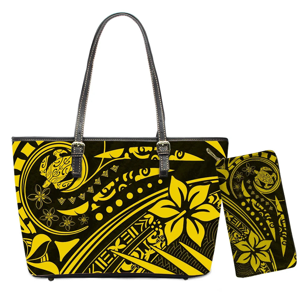 Hawaiian Flower Polynesian Design Print Women Handbags and Purses Set Customized Large Leather Tote Matching Long Zipper Wallet