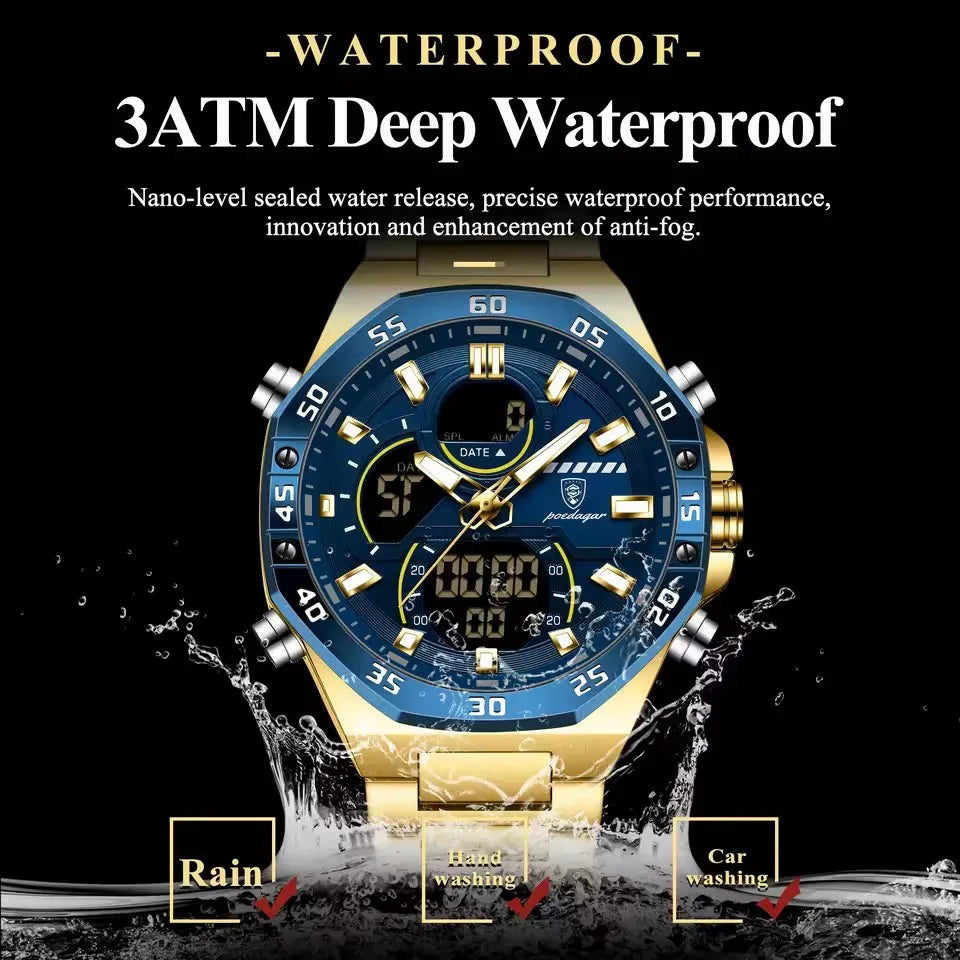 POEDAGAR E101 Stainless Steel Belt Dual Display Brand Fashion Men's Watches Multi Functional Luxury Quartz Digital Watch for Men