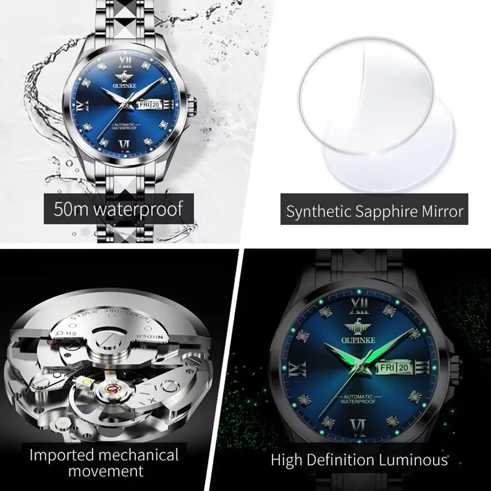 Oupinke 3262 Women's Watches Elegant Trend Girl Silver Tungsten Steel Strap Classic Calendar Date Chronograph Ladies Wristwatch