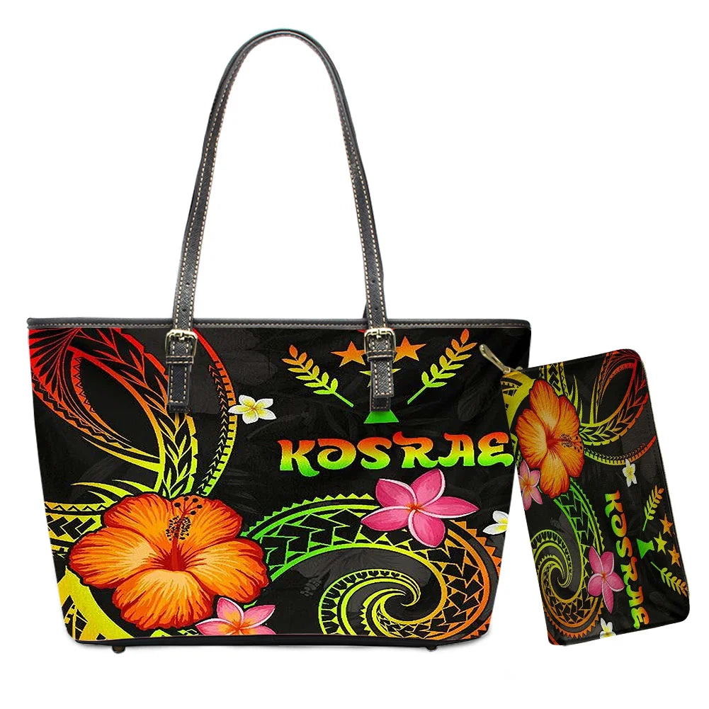 Hawaiian Flower Polynesian Design Print Women Handbags and Purses Set Customized Large Leather Tote Matching Long Zipper Wallet