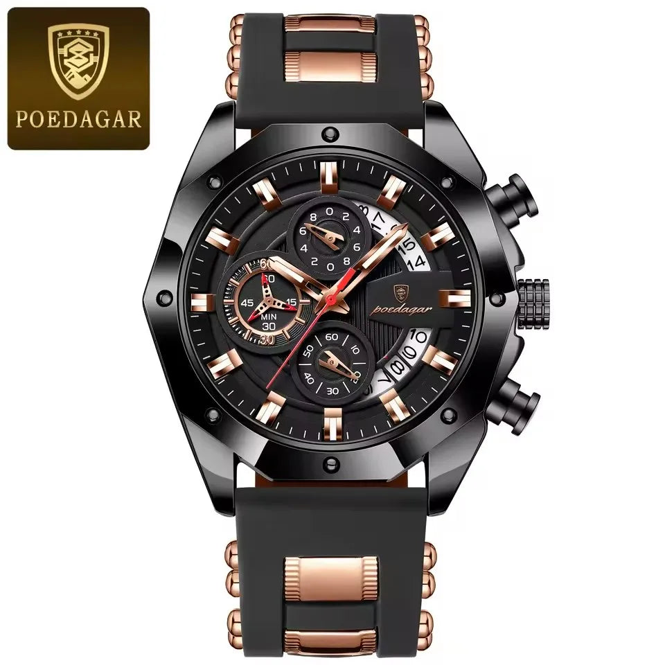 POEDAGAR 913 Luxury Men Watch Waterproof Luminous Date Sport Man Wristwatch Chronograph Silicone Strap Quartz Men's Watches