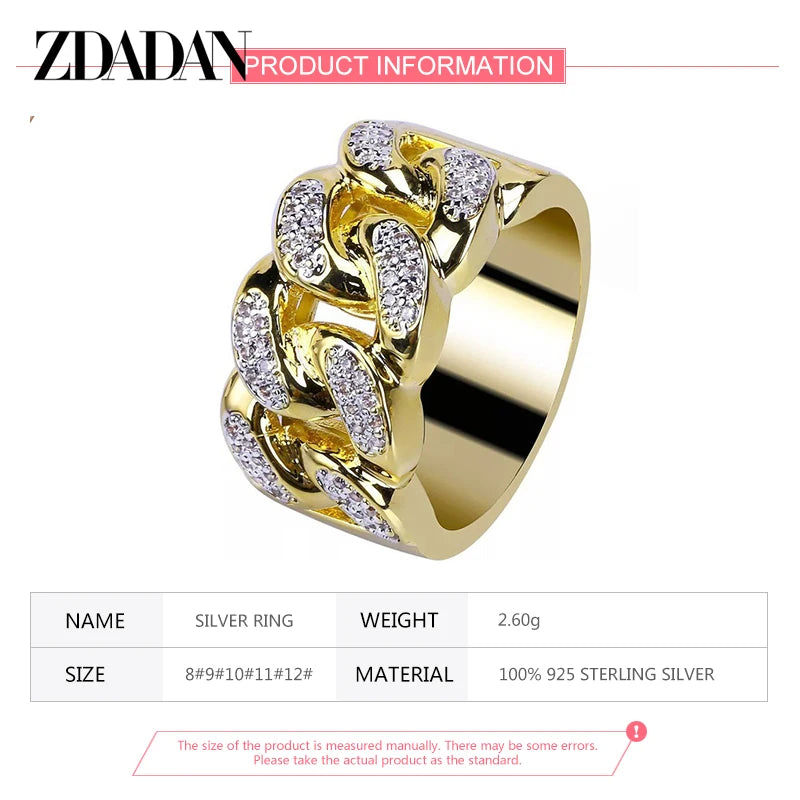 ZDADAN 925 Sterling Silver 18K Gold Zircon Ring For Men Women Fashion Jewelry Party Gift