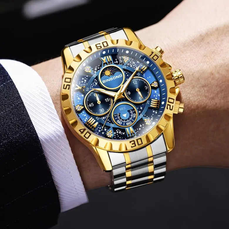 Binbond B7741 7741 Original Men Clock Sports Waterproof Luminous Chronograph Date Stainless Steel Quartz Men's Watches Reloj
